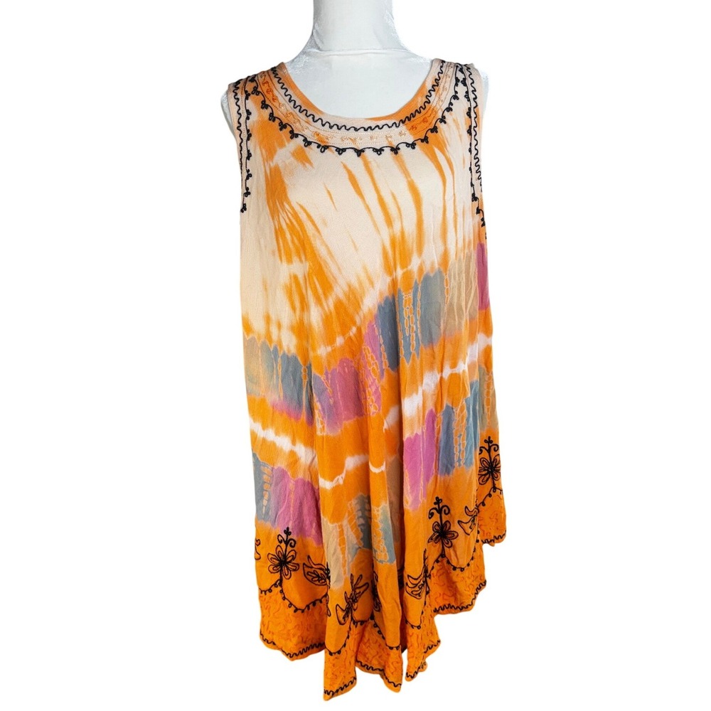 Advance Orange Tie Dye Embroidered Boho Tunic Top‎ Sleeveless Free Size 104791
